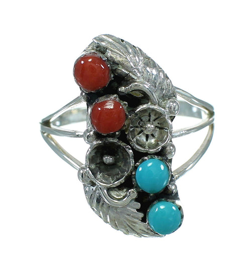 Sterling Silver Coral And Turquoise Flower Ring Size 7-1/2 AX81948